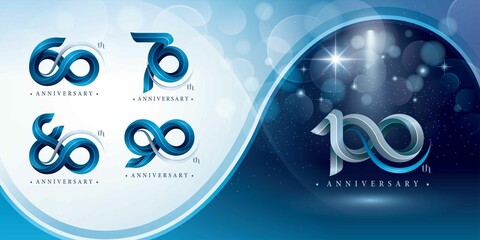 Set of 60 to 100 years Anniversary logotype design, Celebrating Anniversary Logo, Blue Twist Infinity multiple line
