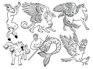 Set of mythological animals. Collection of Greek mythical creatures mermaid, minotaur, harpy, griffin. Fantasy people. Vector illustration various magical mythical creatures.