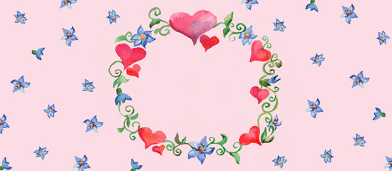 Card with frame with red hearts, blue flowers and green leaves painted of watercolor on pink paper. Valentine's day card and wedding card. Space for text