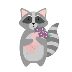 Cute raccoon with a bouquet. Cartoon characters