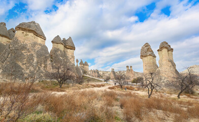 Fairy chimneys rock formations near Goreme, Cappadocia, Turkey.