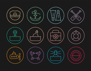 Set line Ship porthole, Lifebuoy, Flippers for swimming, Bottle with message water, Periscope, Captain hat, First aid kit and Anchor icon. Vector