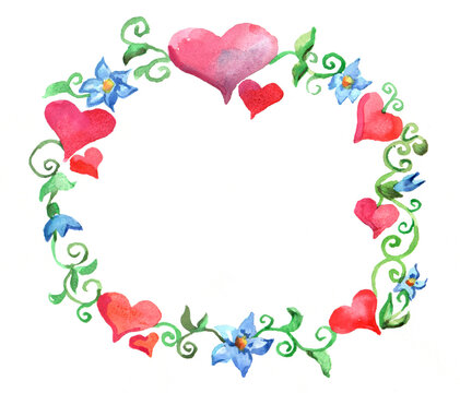 Frame with red hearts, blue flowers and green leaves painted of watercolor on white paper. Valentine's day frame and wedding frame. Space for text