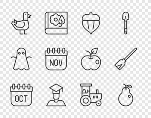 Set line October calendar autumn, Pear, Acorn, Graduate and graduation cap, Dove, November, Tractor and Handle broom icon. Vector