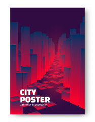 Blue and red City modern poster. Cityscape abstract background. Vector illustration