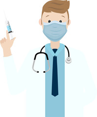 Doctor in mask with vaccine isolated vector, male medical worker with stethoscope and syringe, covid vaccination icon