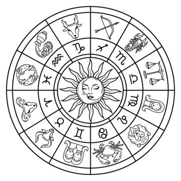 Illustration of zodiac circle with constellations signs. Sun and magic runes. Horoscope symbols for astrological forecasts  leo, taurus, sagittarius, aries, gemini, etc. Astrologica round.