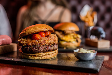 Perfect Burger Fried Chicken French Fries Bacon Barbecue Sauce Onion Rings Fast Food