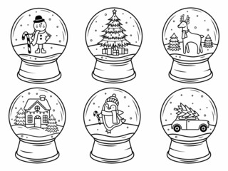 Set of cute christmas glass ball. Collection of snow glass ball with festive tree, car, new year landscape, spruce inside, falling snow. Holiday decoration. Vector illustration for postcard.