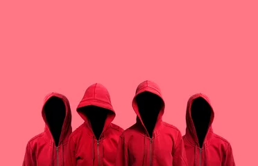 Foto op Plexiglas Collage with four red hoodie characters, cool gang teammates, blank template © JpegPhotographer