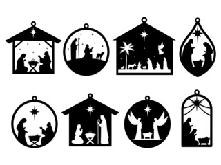 Set of holy Christmas scene on tree toys. Collection of silhouettes traditional christian characters holy night. Family decoration. Vector illustration of sacred elements for  holiday congratulation. © panaceaart