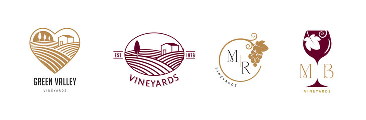 Fototapeta premium Wine, vineyard, organic natural winery logo collection. Vineyard field and grapes symbols and icons 