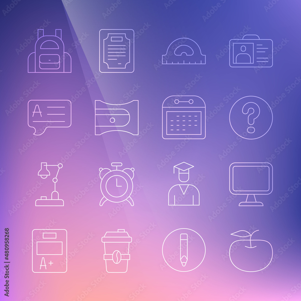 Poster set line apple, computer monitor, speech bubbles with question, protractor grid, pencil sharpener, a