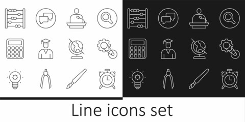 Set line Alarm clock, Timing belt kit, Gives lecture, Graduate and graduation cap, Calculator, Abacus, Earth globe and Speech bubble chat icon. Vector