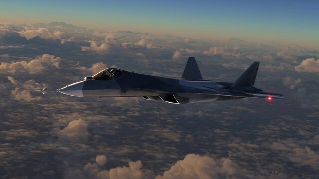 Fifth generation jet plane flies above the clouds