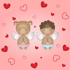 Valentine card with cupids babies. Little angels on a pink background with red hearts. Valentine's Day Vector postcard.