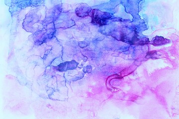 Light lilac watercolor background. Transparent lines and spots. Paint leaks and ombre effects. Abstract hand-painted image.