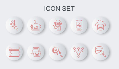 Set line Server, Server, Data, Humanoid robot, Funnel or filter, Photo retouching, Artificial intelligence, Chat and Processor CPU icon. Vector