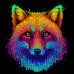 Fox. Abstract, colorful, neon portrait of a Fox's head on a black background in pop art style with splashes of watercolor. Digital vector graphics.
