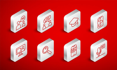 Set line Microphone voice device, Two sitting men talking, Graduation cap, New chat messages notification, Foreign language online study, Magnifying glass and icon. Vector