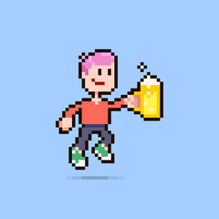colorful simple flat pixel art illustration of cartoon smiling guy clinking glass of beer