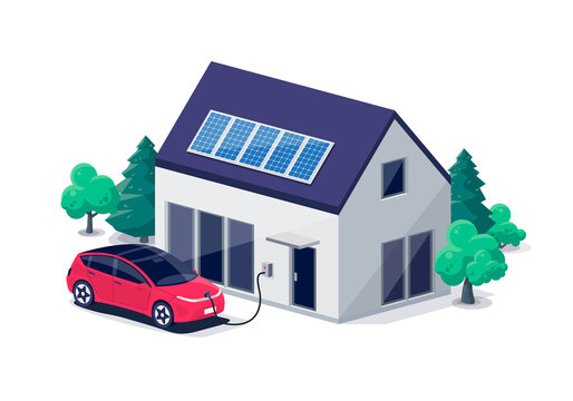 Electric car parking charging at home wall box charger station on residence family house. Energy storage with photovoltaic solar panels on building roof. Renewable smart power electricity backup grid.