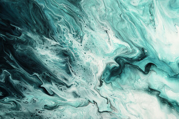Fluid Art. Liquid transparent white and Velvet Jade green abstract paint drips and wave. Marble...