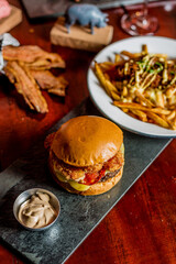 Perfect Burger Fried Chicken French Fries Bacon Barbecue Sauce Onion Rings Fast Food