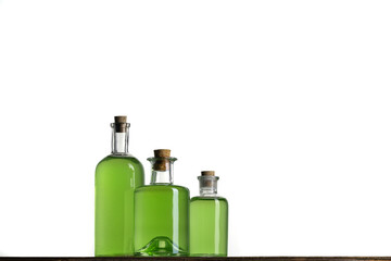 Clean transparent vintage glass bottles with poisons. Copy space. - 480960208