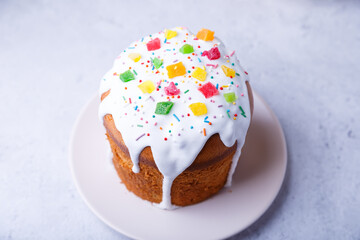 Easter cake with candied fruits. Traditional Easter baking. Easter holiday. Close-up.