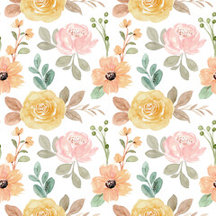 Yellow pink floral watercolor seamless pattern