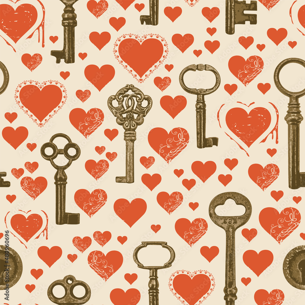 Poster seamless pattern on the love theme with red hearts and old bronze keys on an old paper. repeating ve