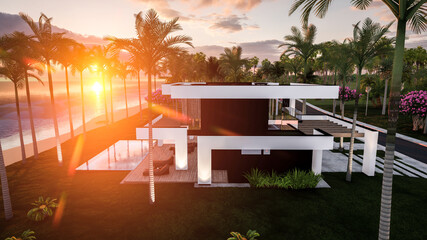 Fototapeta premium 3d rendering of modern cozy house with pool and parking for sale or rent in luxurious style by the sea or ocean. Sunset evening by the azure coast with palm trees and flowers in tropical island