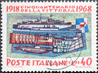 taly - circa 1968: a postage stamp from Italy showing the Naval Forces. 50th Anniversary of victory...