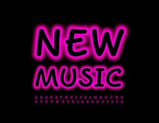 Vector Neon Banner New Music.  Bright creative Font. Glowing Alphabet Letters and Numbers