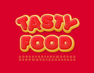 Naklejka premium Vector bright emblem Tasty Food with Donut style Font. Red glazed Cake Alphabet Letters and Numbers set
