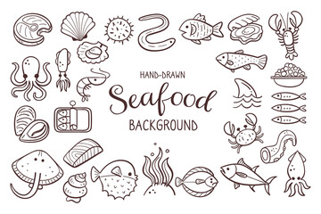 Hand-drawn seafood background. Fish, seaweed, and shellfish. Food ingredients for cooking illustration. Isolated doodle icons on white background. Vector illustration. - obrazy, fototapety, plakaty