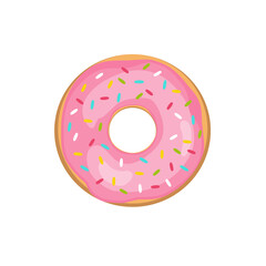 Donut with pink icing and colored sprinkles. Vector illustration isolated on white background