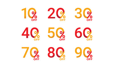 Discount sale off tag, 10, 20, 30, 40, 50, 60, 70, 80 and 90 percent off. Sale tags set vector badges template. Sale offer price sign. Special offer symbol. Discount promotion.