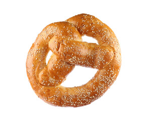 Tasty freshly baked pretzel isolated on white