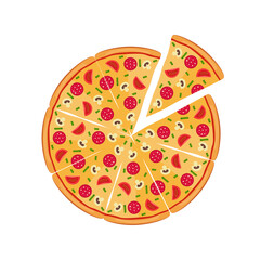 Round pizza with sausage, mushrooms and tomatoes, cut into pieces. Simple flat design. Isolated on white background vector illustration.