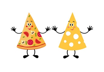 Pizza slice with sausage, mushrooms and tomatoes. A slice of cheese, in a cartoon style. Isolated on white background vector illustration.