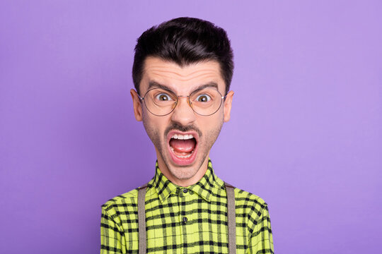Photo portrait of enraged screaming deadline huge head man isolated on vivid violet colored background