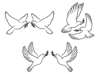 Set of couple pigeons with a branch. Collection of flying world doves. A symbol of peace. Vector illustration of stylized birds.