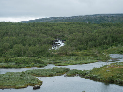 Lapland landscape with river, small waterfall, green mountains, birch trees forest. Sweden summer moody and foggy wild nature, Padjelantaleden hiking trail.