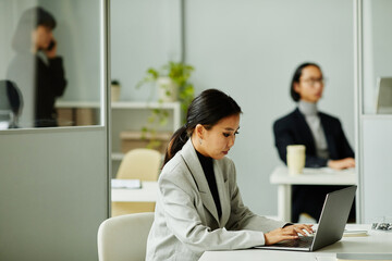 Side view portrait of young Asian woman using laptop while working at desk in office cubicle, copy space