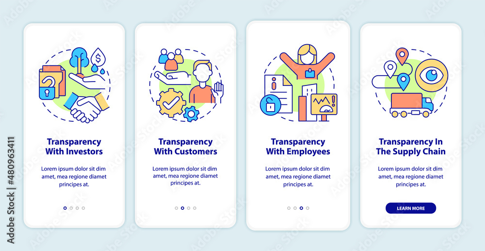 Poster examples of transparency onboarding mobile app screen. business walkthrough 4 steps graphic instruct