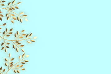 Elegant and minimalist style 3D rendering of golden branches and leaves on soft blue