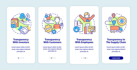 Examples of transparency onboarding mobile app screen. Business walkthrough 4 steps graphic instructions pages with linear concepts. UI, UX, GUI template. Myriad Pro-Bold, Regular fonts used