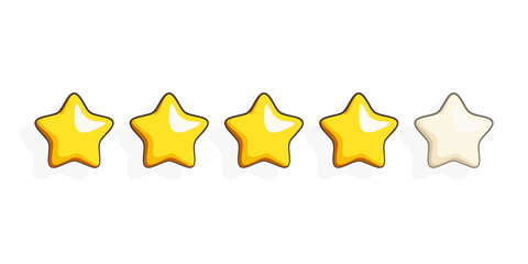 Five gold rating stars. Customer review or feedback concepts. Vector illustration in comic cartoon style on a white background